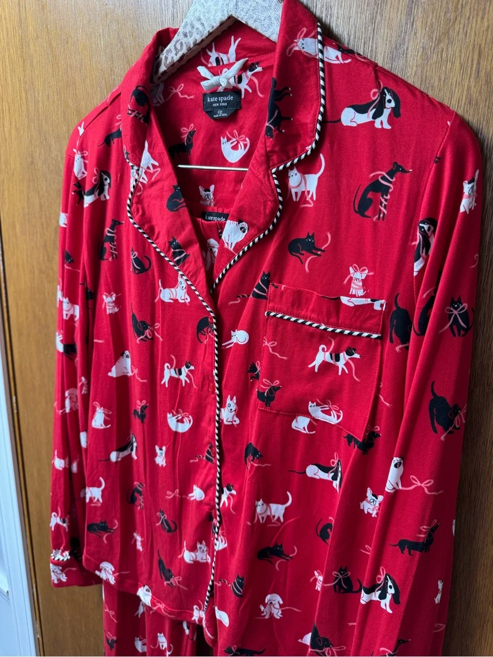 Kate Spade New York Holiday Cozy Jersey Pajama Set Cats Dogs Red Multi Large NEW